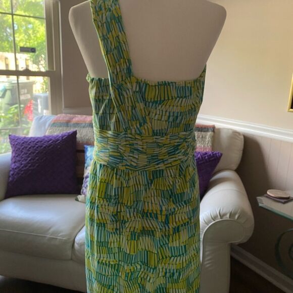 Gianni Bini One Shoulder Dress Yellow Turquoise White Pleated High Waist Sz L - Picture 4 of 6